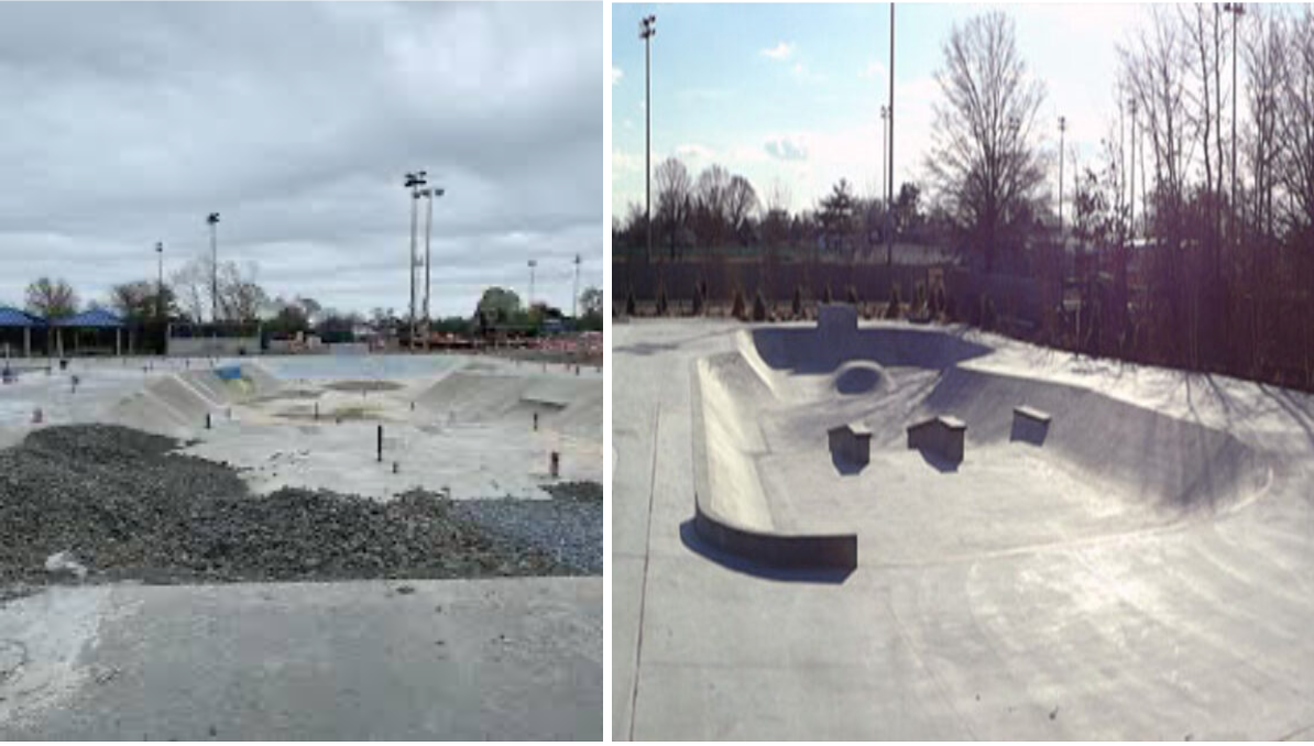 Bethpage Skatepark's current state, with side-by-side comparison of the park prior to the discovery of contaminants.