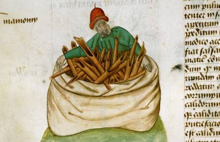 Cinnamon seller, miniature from Tractatus de herbis, 15th-century France.