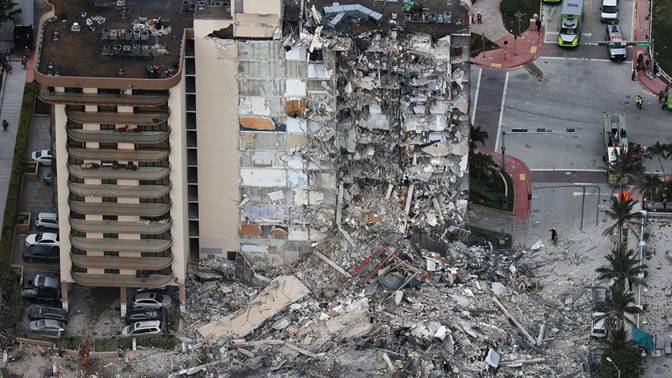 Search and Rescue personnel work after the partial collapse of the 12-story Champlain Towers South condo building on June 24, 2021 in Surfside, Florida.