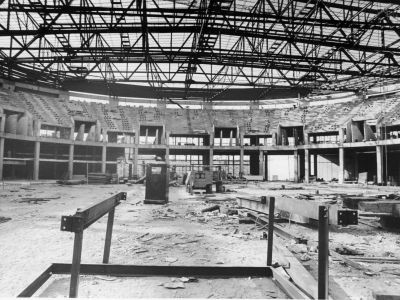 View inside the Nassau Coliseum during construction showing